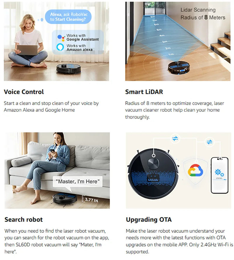 Lubluelu SL60D Robot Vacuum and Mop Combo - 4000Pa Suction, 150Mins Runtime, Quiet Operation, 10 No-Go Zones For Pet Hair Carpet - Nestkin Store