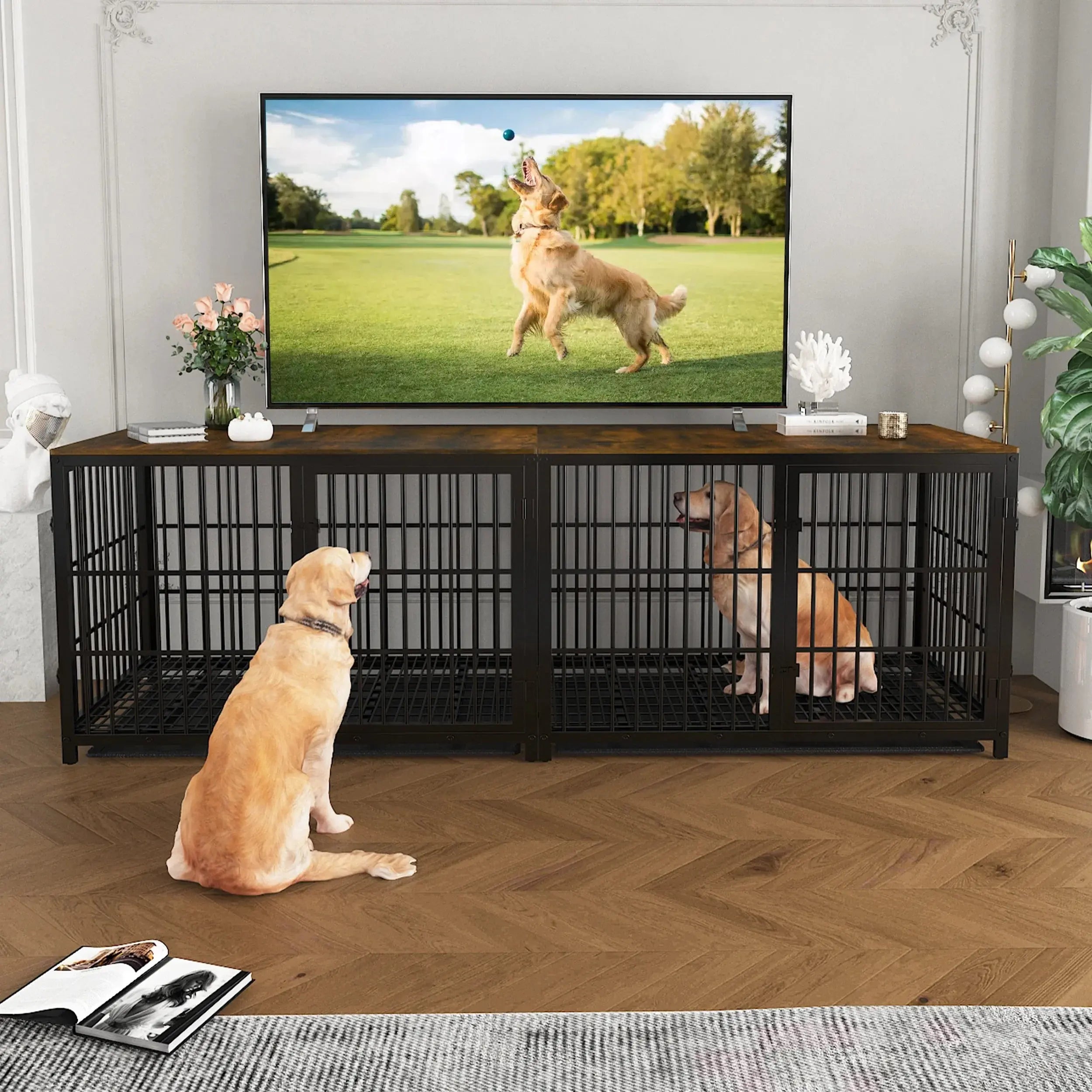Furniture Style Dog Cage XXL Wooden Pet Kennel End Side Table with Tray and 3 Doors for Medium to Large Dogs - Nestkin Store