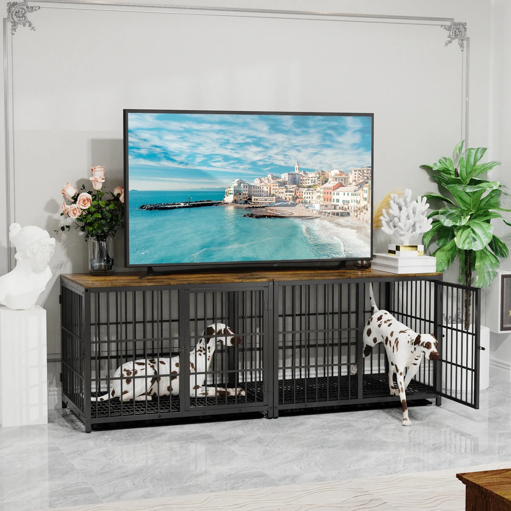 Furniture Style Dog Crate Metal and Wood Pet Kennel End Table with Three Doors and Removable Tray - Nestkin Store