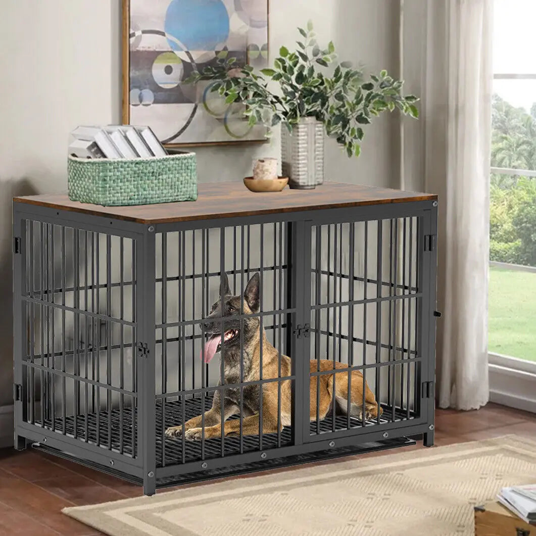 Furniture Style Dog Crate Metal and Wood Pet Kennel End Table with Three Doors and Removable Tray - Nestkin Store