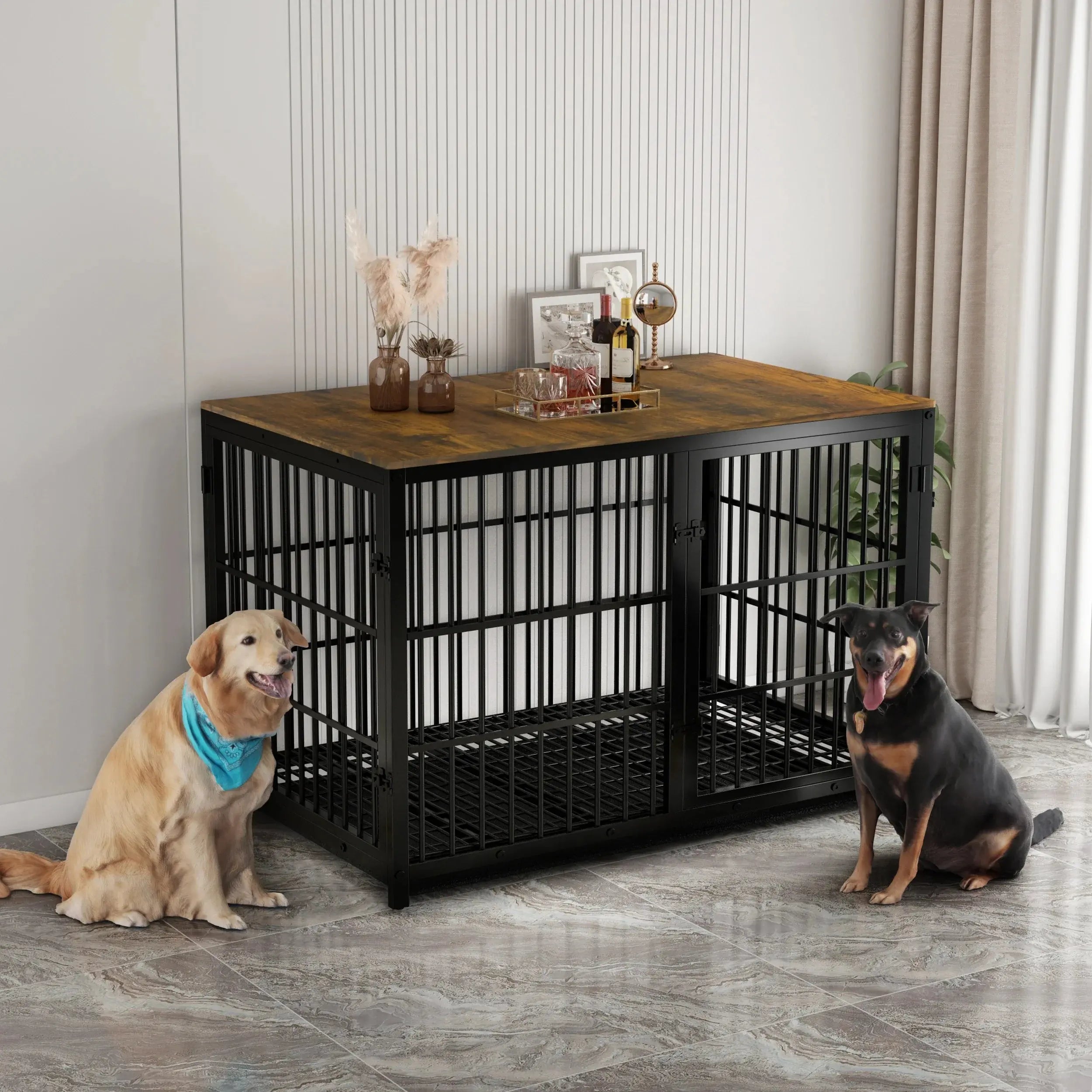 Furniture Style Dog Cage XXL Wooden Pet Kennel End Side Table with Tray and 3 Doors for Medium to Large Dogs - Nestkin Store