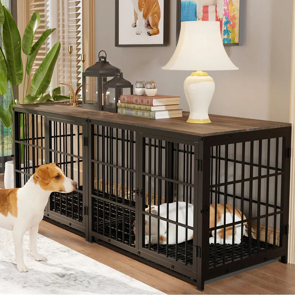 Furniture Style Dog Crate Metal and Wood Pet Kennel End Table with Three Doors and Removable Tray - Nestkin Store