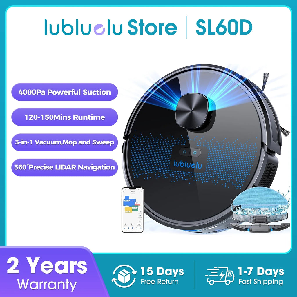Lubluelu SL60D Robot Vacuum and Mop Combo - 4000Pa Suction, 150Mins Runtime, Quiet Operation, 10 No-Go Zones For Pet Hair Carpet - Nestkin Store