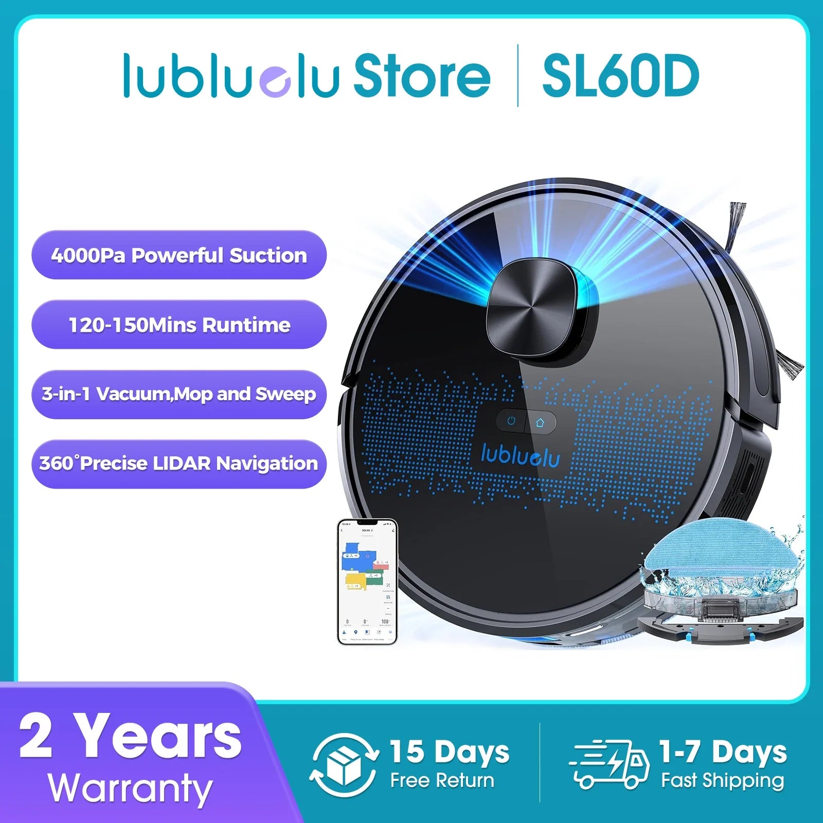 Lubluelu SL60D Robot Vacuum and Mop Combo - 4000Pa Suction, 150Mins Runtime, Quiet Operation, 10 No-Go Zones For Pet Hair Carpet - Nestkin Store