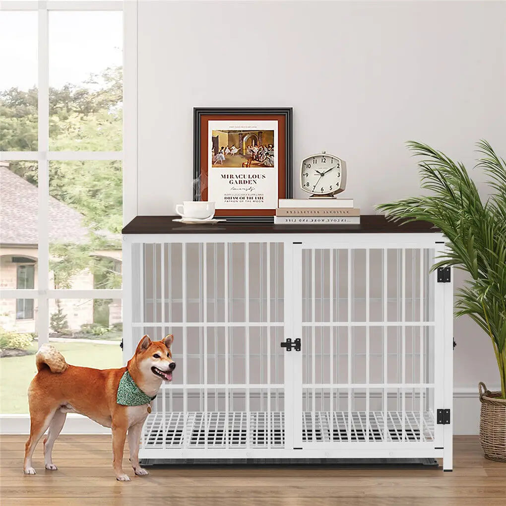 Heavy Duty Dog Kennels Metal Wooden Dog Crate End Table Furniture Style Pet Cage with Three Doors and Removable Tray - Nestkin Store
