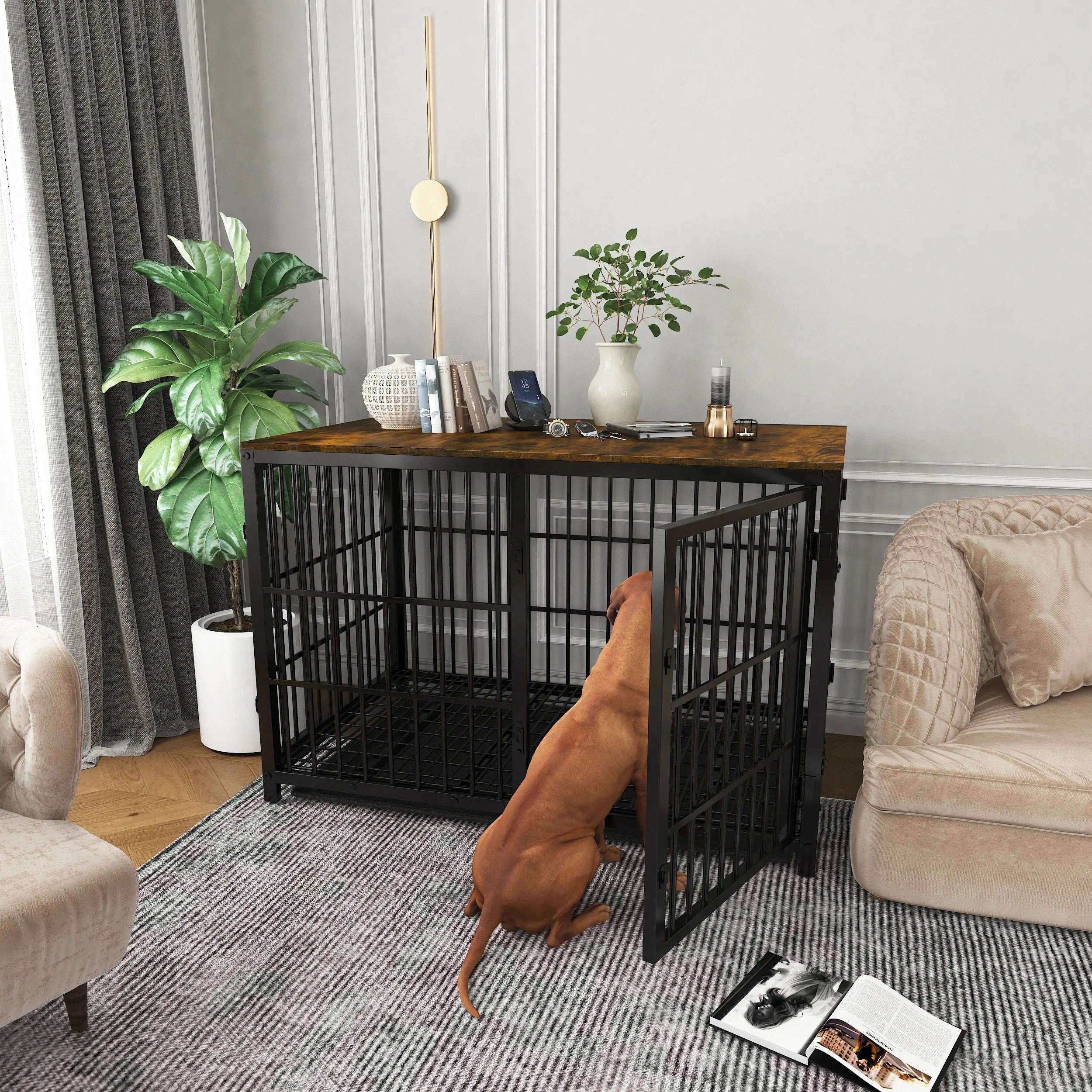 Furniture Style Dog Cage XXL Wooden Pet Kennel End Side Table with Tray and 3 Doors for Medium to Large Dogs - Nestkin Store