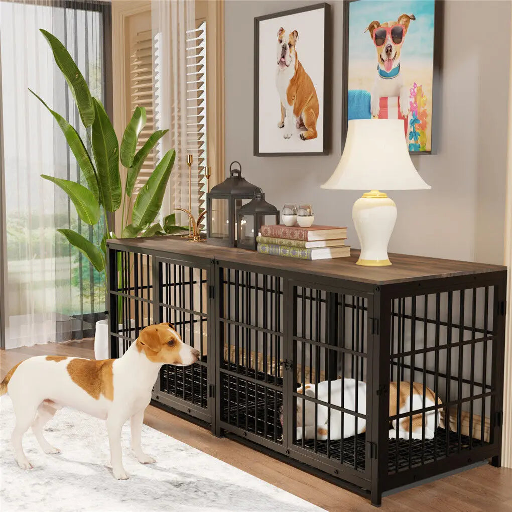 Heavy Duty Dog Kennels Metal Wooden Dog Crate End Table Furniture Style Pet Cage with Three Doors and Removable Tray - Nestkin Store