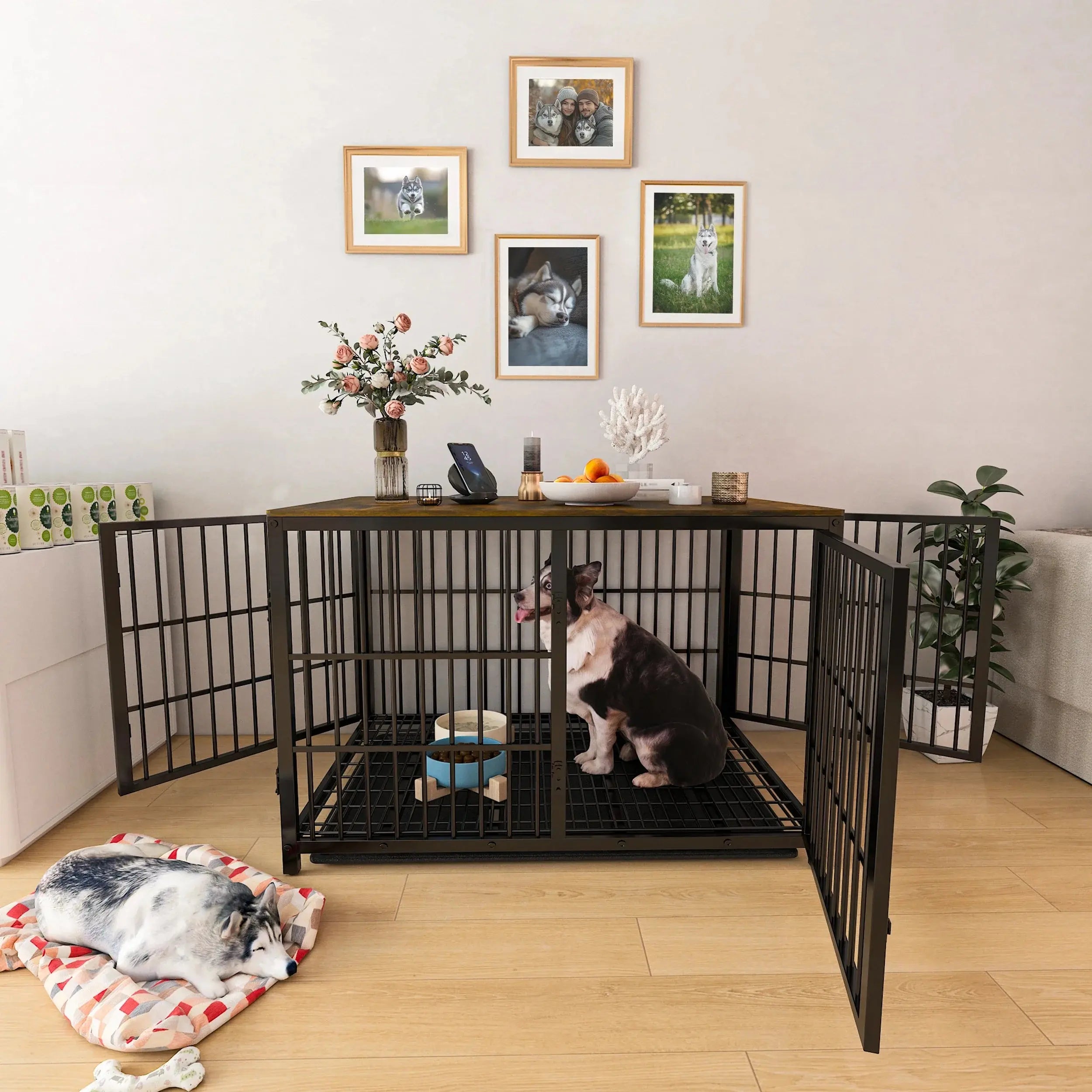 Furniture Style Dog Cage XXL Wooden Pet Kennel End Side Table with Tray and 3 Doors for Medium to Large Dogs - Nestkin Store