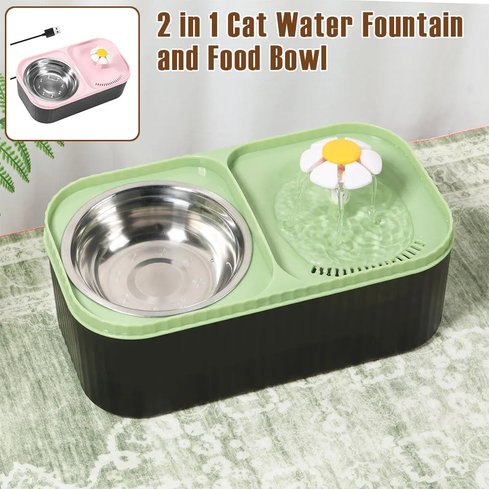 2 in 1 Cat Water Fountain and Food Bowl 3L Automatic Pet Water Fountain with Quadruple Filtration System Stainless Steel Bowl - Nestkin Store