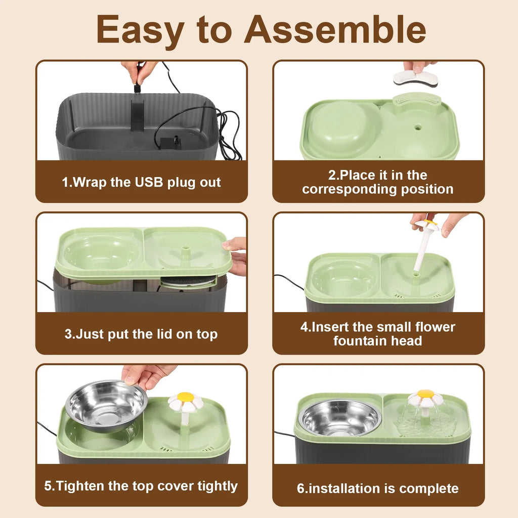 2 in 1 Cat Water Fountain and Food Bowl 3L Automatic Pet Water Fountain with Quadruple Filtration System Stainless Steel Bowl - Nestkin Store