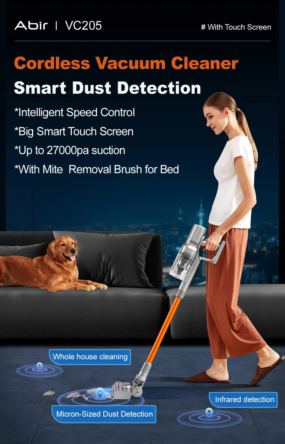 ABIR VC205 Cordless Handheld Vacuum Cleaner,27000PA,Touch Screen,Smart Dust Sensor,Auto Speed Control for Home Bed Carpet Clean - Nestkin Store