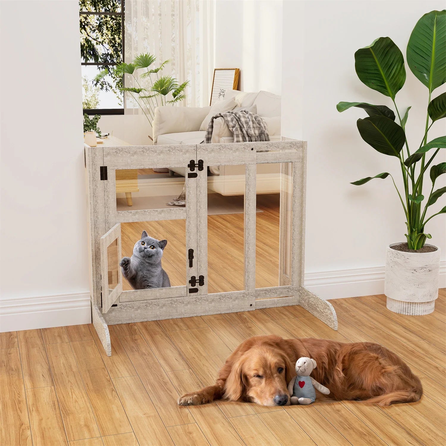 Tempered Glass Dog Gate Adjustable Length From 77 to 100cm Pet Door Gate Barrier Fence Panels - Nestkin Store