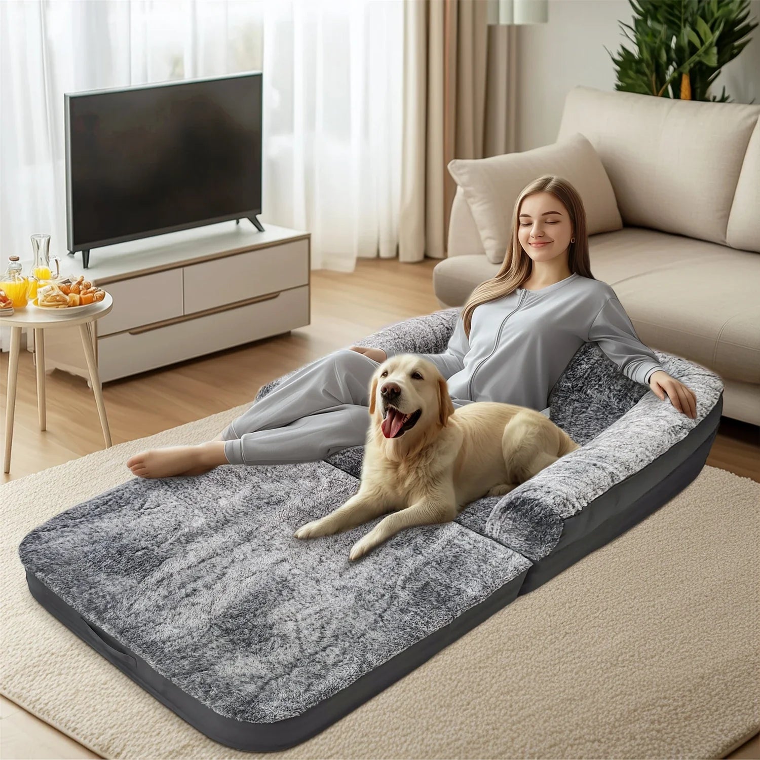 180cm Long Human Dog Bed Fits Adults and Pets Foldable Orthopedic Pet Bed Plush Cushion Cover with Bolster - Nestkin Store