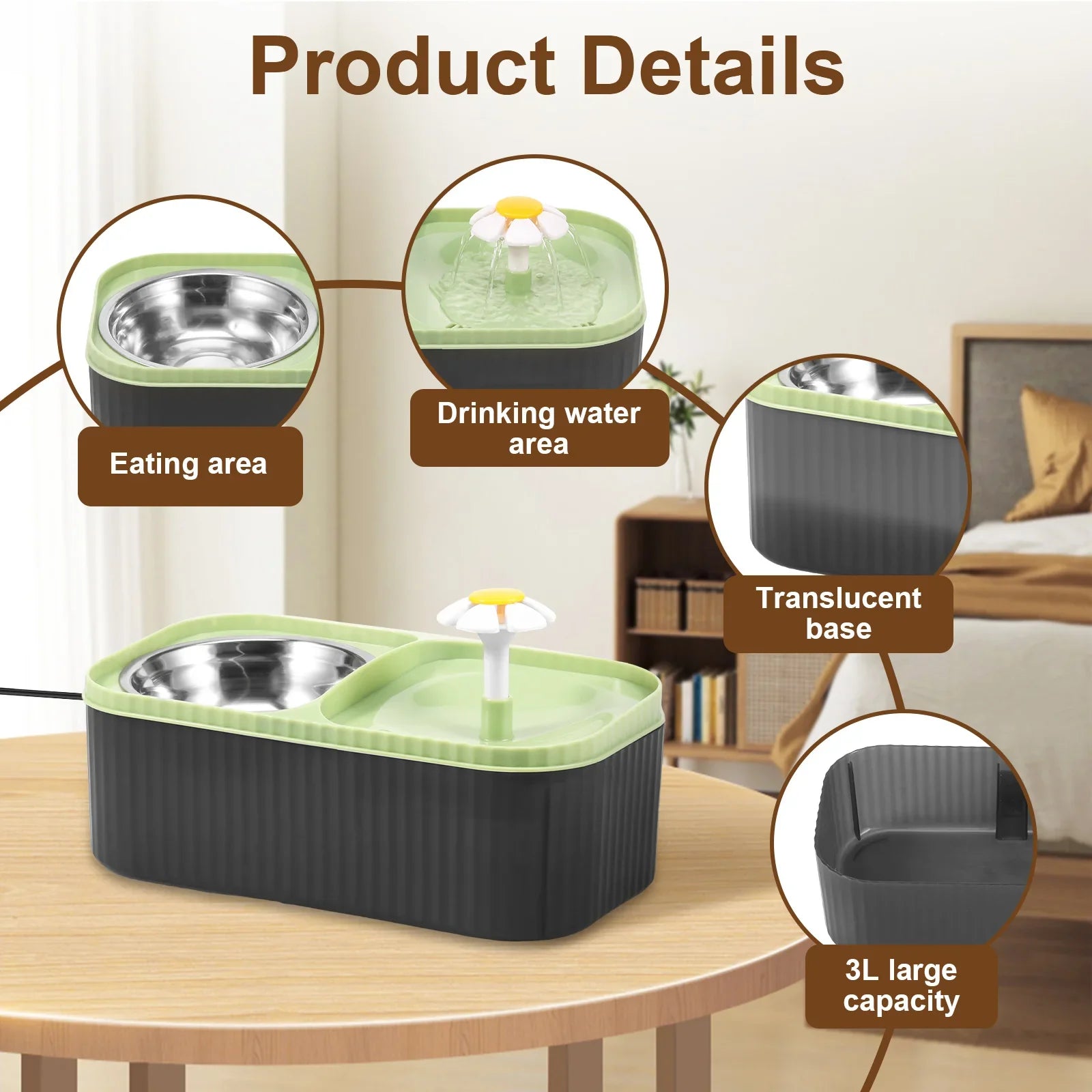 2 in 1 Cat Water Fountain and Food Bowl 3L Automatic Pet Water Fountain with Quadruple Filtration System Stainless Steel Bowl - Nestkin Store