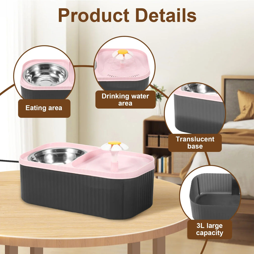 2 in 1 Cat Water Fountain and Food Bowl 3L Automatic Pet Water Fountain with Quadruple Filtration System Stainless Steel Bowl - Nestkin Store