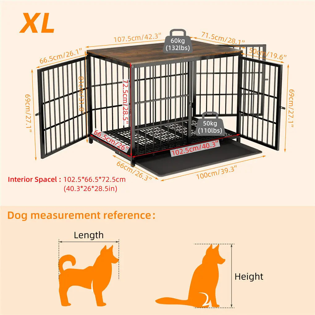 Heavy Duty Dog Kennels Metal Wooden Dog Crate End Table Furniture Style Pet Cage with Three Doors and Removable Tray - Nestkin Store