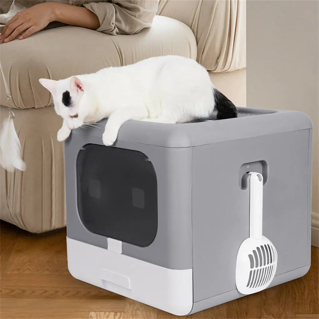 Cat Litter Box with Scoop and Tray, Enclosed, Foldable Kitten Toilet, Detachable Poop, Top Front Entry, Pet Supplies - Nestkin Store