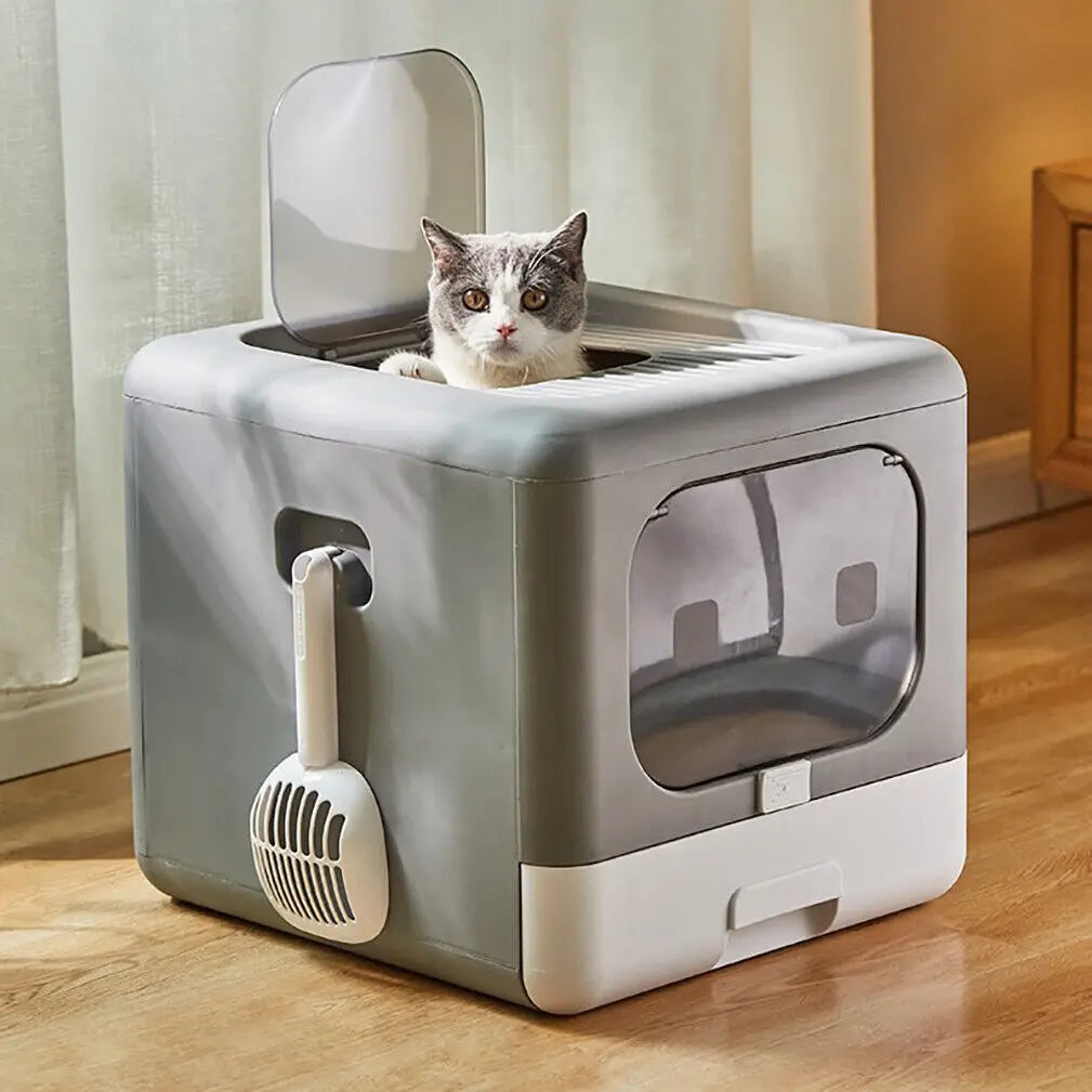 Cat Litter Box with Scoop and Tray, Enclosed, Foldable Kitten Toilet, Detachable Poop, Top Front Entry, Pet Supplies - Nestkin Store