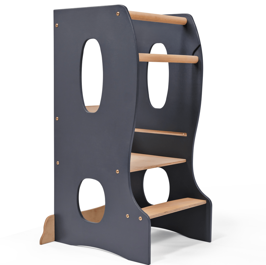 Stable Montessori Tower – Wooden Growing Chair with Cut-Out Handles – Grey