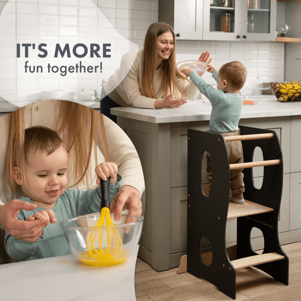 Stable Montessori Tower – Wooden Growing Chair with Cut-Out Handles – Grey