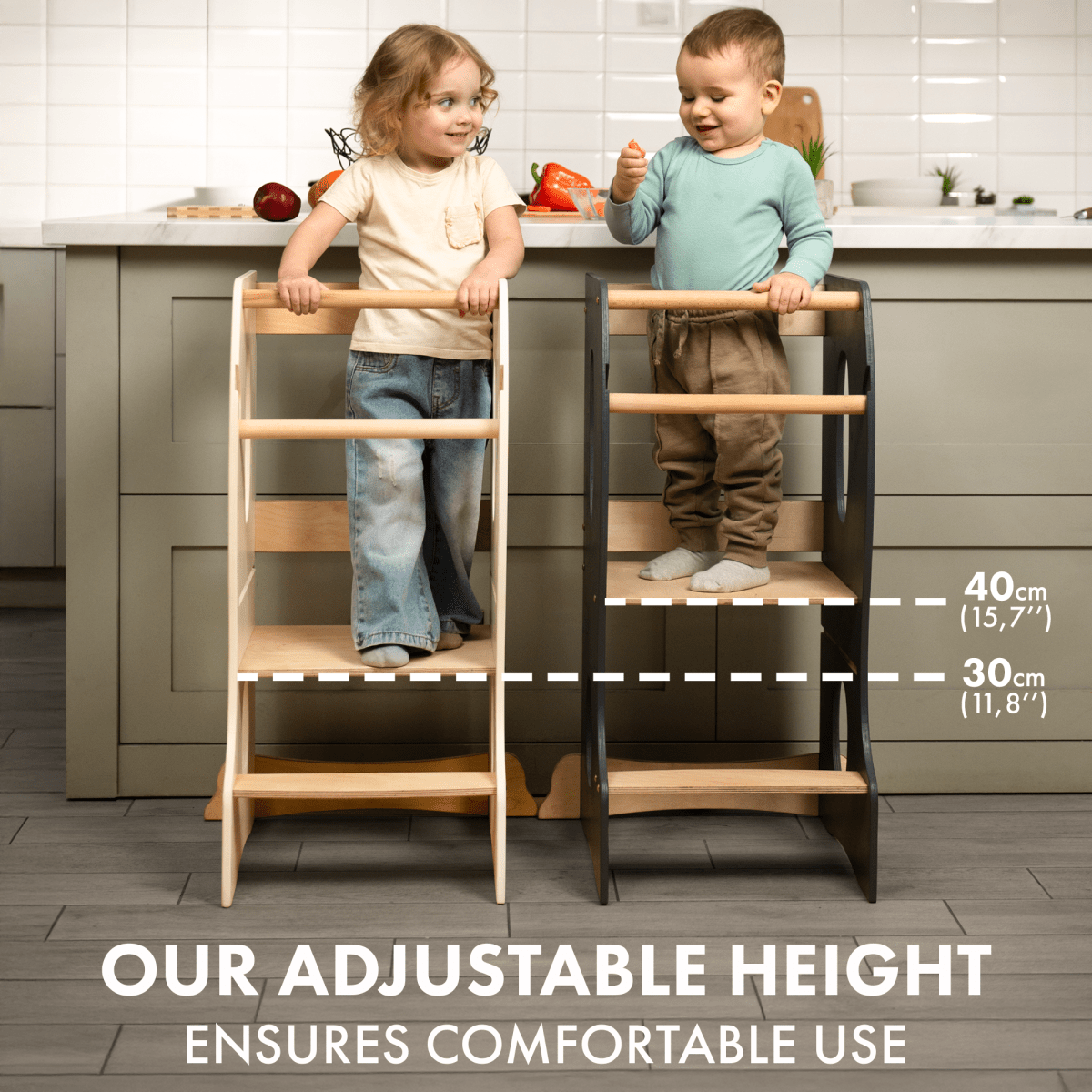 Stable Montessori Tower – Wooden Growing Chair with Cut-Out Handles – Ivory