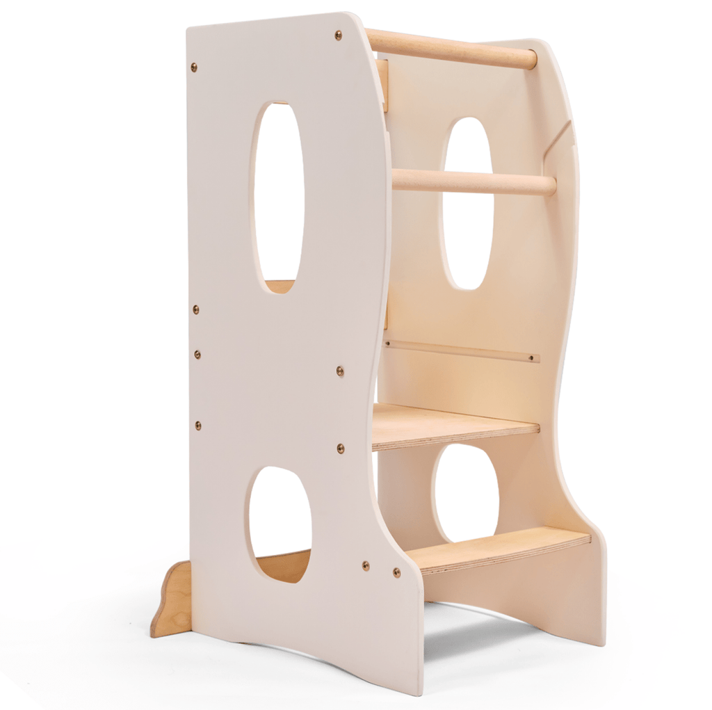 Stable Montessori Tower – Wooden Growing Chair with Cut-Out Handles – Ivory